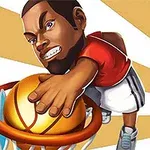 Kreslená postava v červeném tričku smečuje basketbalový míč do koše na zářivém paprskovitém pozadí