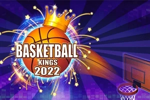 Basketbalový míč s korunou a nápisem Basketball Kings 2022 na modrém pozadí se světelnými efekty, vpravo basketbalový koš