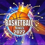 Basketbalový míč s korunou a nápisem Basketball Kings 2022 na modrém pozadí se světelnými efekty, vpravo basketbalový koš
