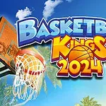 Basketbalový koš s nataženou sítí, palmy na pozadí a oranžový basketbalový míč s výrazným textem