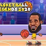 Kreslené postavy s velkými hlavami hrají basketbal na hřišti, s diváky v pozadí a nadpisem Basketball Legends 2020 nahoře