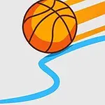 Basketbalový míč letící po modré čáře nakreslené modrou pastelkou