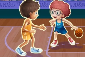 Dva kreslení chlapci hrají basketbal na hřišti, jeden v oranžovém dresu a druhý v modrém s míčem v ruce