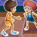 Dva kreslení chlapci hrají basketbal na hřišti, jeden v oranžovém dresu a druhý v modrém s míčem v ruce