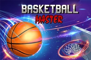 Basketbalový míč letící k obroučce s nápisem Basketball Master na modrém pozadí