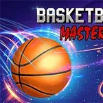 Basketbalový míč letící k obroučce s nápisem Basketball Master na modrém pozadí