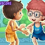 Dvě kreslené postavy hrající basketbal, jedna ve žlutém dresu a druhá v modrém s brýlemi a basketbalovým míčem