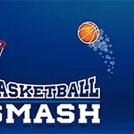 Basketbalový koš s letícím míčem na modrém pozadí a textem Basketball Smash