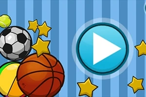 Fotbalový a basketbalový míč obklopený hvězdami vedle velkého modrého tlačítka pro přehrání na modro-pruhovaném pozadí