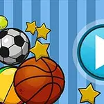 Fotbalový a basketbalový míč obklopený hvězdami vedle velkého modrého tlačítka pro přehrání na modro-pruhovaném pozadí
