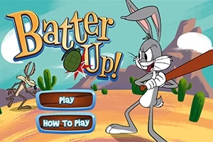 Kreslený králík s baseballovou pálkou, kaktusy, pouštní pozadí a nápisy Play a How to Play
