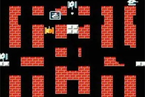 Battle City Stará pixelová obrazovka s bludištěm vytvořeným z červených cihlových zdí, několika ikonami a černým pozadím