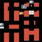 Battle City Stará pixelová obrazovka s bludištěm vytvořeným z červených cihlových zdí, několika ikonami a černým pozadím