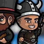 Dva kreslení postavičky s výraznými klobouky, jeden s velkým černým a druhý s vikingskou přilbou, držící zbraně