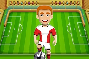 Kreslený fotbalista na hřišti s tribunou plnou fandů