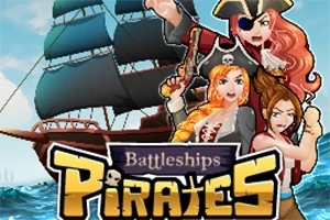 Tři pirátky v historických kostýmech stojí před plachetnicí na moři s nápisem Pirates v popředí