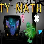 Název Batty Math s obrázkem netopýra uprostřed, dvěma mumiemi po stranách a matematickými symboly na temném pozadí