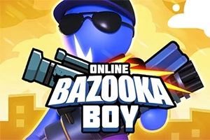 Modrá postava s kloboukem a slunečními brýlemi drží bazuku, s textem Online Bazooka Boy na popředí