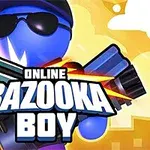 Modrá postava s kloboukem a slunečními brýlemi drží bazuku, s textem Online Bazooka Boy na popředí