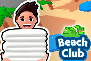 Usměvavý kreslený muž zabalený v bílých ručnících na pláži s nápisem Beach Club