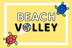 Dvě kreslené želvy kolem nápisu BEACH VOLLEY na žlutém pozadí