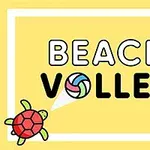 Dvě kreslené želvy kolem nápisu BEACH VOLLEY na žlutém pozadí