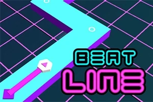 Světle modrá klikatá cesta na tmavém mřížkovaném pozadí s nápisem BEAT LINE a šipkou ve tvaru šestiúhelníku