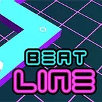 Světle modrá klikatá cesta na tmavém mřížkovaném pozadí s nápisem BEAT LINE a šipkou ve tvaru šestiúhelníku