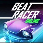 Návrh futuristického auta s výrazným barevným osvětlením pod nápisem Beat Racer Online