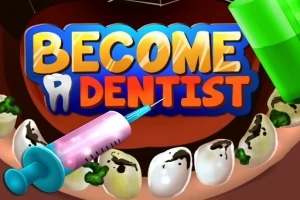 Barevný text BECOME A DENTIST nad animovanými zuby se zubním kazem, injekční stříkačkou a zubními nástroji