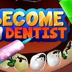 Barevný text BECOME A DENTIST nad animovanými zuby se zubním kazem, injekční stříkačkou a zubními nástroji