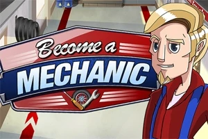 Ilustrace s nápisem Become a Mechanic a postavou blond muže v červených šatech v dílně