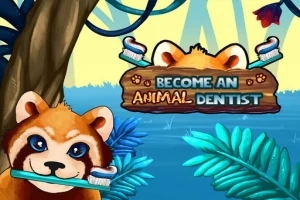 Roztomilá panda drží kartáček na zuby v džungli s nápisem „Become an Animal Dentist“