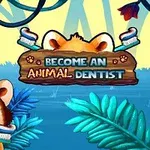 Roztomilá panda drží kartáček na zuby v džungli s nápisem „Become an Animal Dentist“