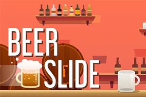 Sklenice s pivem na baru před pozadím s policemi plnými lahví a nápisem Beer Slide