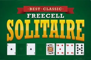 Nápis Best Classic Freecell Solitaire na zeleném pozadí s kartami různých symbolů a hodnot