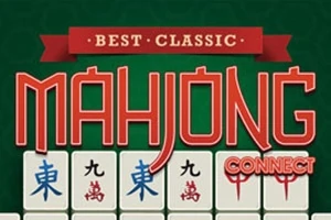 Text Best Classic Mahjong Connect s herními dlaždicemi s asijskými znaky na zeleném pozadí