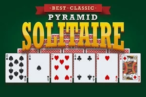 Název Pyramid Solitaire s velkými žlutými písmeny nad řadou šesti hracích karet na zeleném pozadí