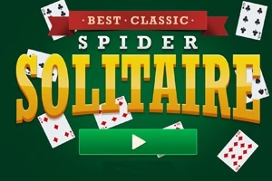 Text Best Classic Spider Solitaire na zeleném pozadí s rozloženými hracími kartami a zeleným tlačítkem pro spuštění