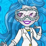 Barevná kreslená postava s modrými vlasy a fialovými rty má brýle a bílou laboratorní plášť, s otazníkem na modrém pozadí