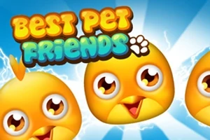 Tři roztomilí žlutí ptáčci s velkýma, zářícíma očima na modrém pozadí s nápisem „Best Pet Friends“ nahoře