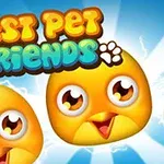 Tři roztomilí žlutí ptáčci s velkýma, zářícíma očima na modrém pozadí s nápisem „Best Pet Friends“ nahoře