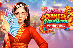 Usmívající se žena v červených tradičních šatech s květinovou ozdobou ve vlasech drží vějíř, vedle ní barevný nápis „Besties Chinese New Year Celebration s drakem na slavnostním pozadí
