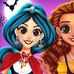 Dvě kreslené postavy s barevnými vlasy a halloweenskými náušnicemi, stojící před fialovým pozadím s pavučinami a netopýrem