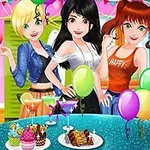 Tři kreslené dívky stojí před party dekoracemi s balónky a stolem plným sladkostí