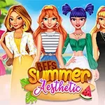 Šest stylově oblečených dívek stojí vedle sebe na pláži s nápisem BFFs Summer Aesthetic uprostřed
