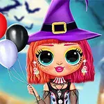 Postavička s oranžovými vlasy v čarodějnickém klobouku drží barevné balónky, v pozadí je Halloweenová dýně a noční obloha