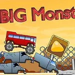 Červené terénní auto jede přes hromadu vraků aut před plotem a dopravní značkou na pozadí západu slunce, s nápisem BIG Monsters!