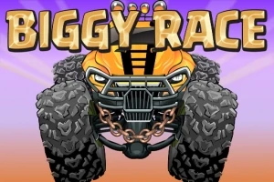Obrázek zobrazuje stylizované žluté monster truck auto s řetězem na nárazníku a velkými koly, nad kterým je nápis BIGGY RACE na fialovém a oranžovém pozadí