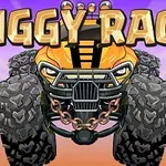 Obrázek zobrazuje stylizované žluté monster truck auto s řetězem na nárazníku a velkými koly, nad kterým je nápis BIGGY RACE na fialovém a oranžovém pozadí